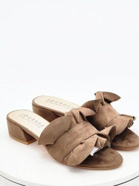 Journee Collection Sabica Taupe Ruffle Slide Sandals Block Heel Women's Size 5.5